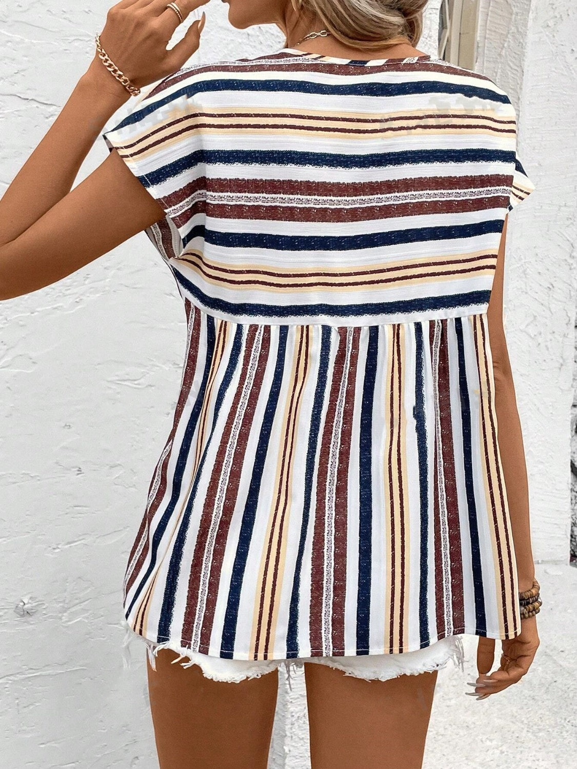 Striped V-Neck Short Sleeve Blouse