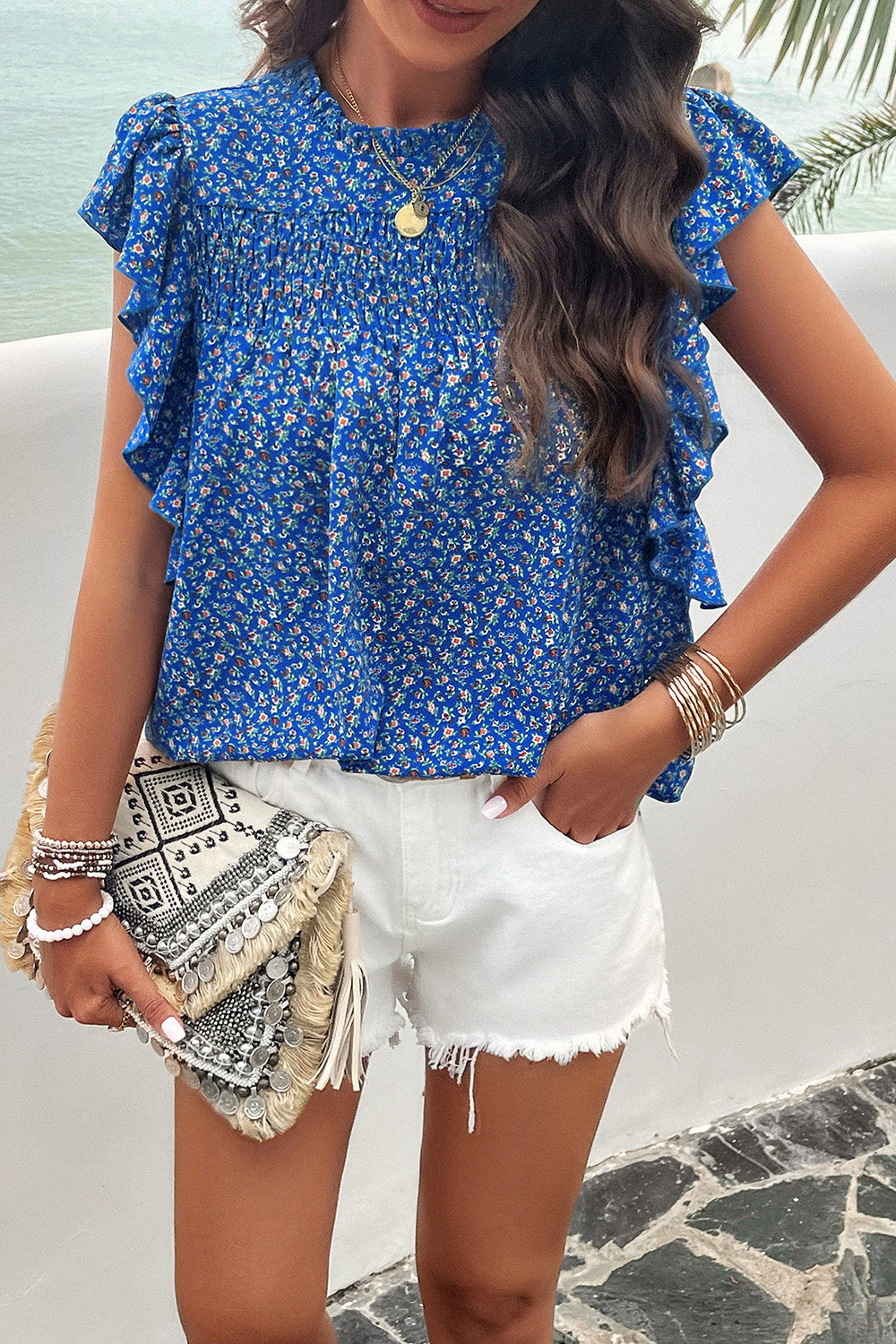 Smocked Printed Mock Neck Cap Sleeve Blouse