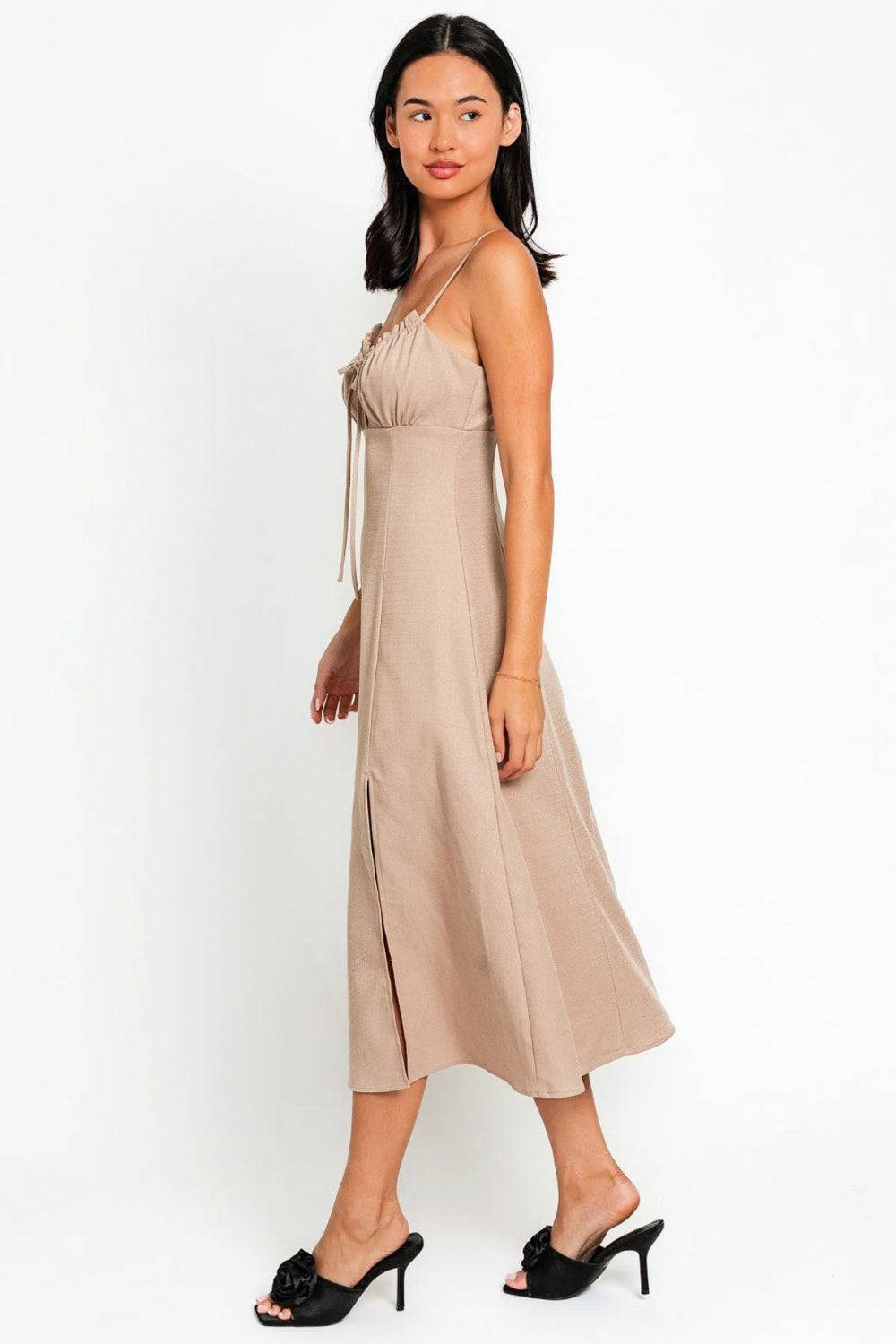 LE LIS Flare Front Tie Front Slit Midi Dress