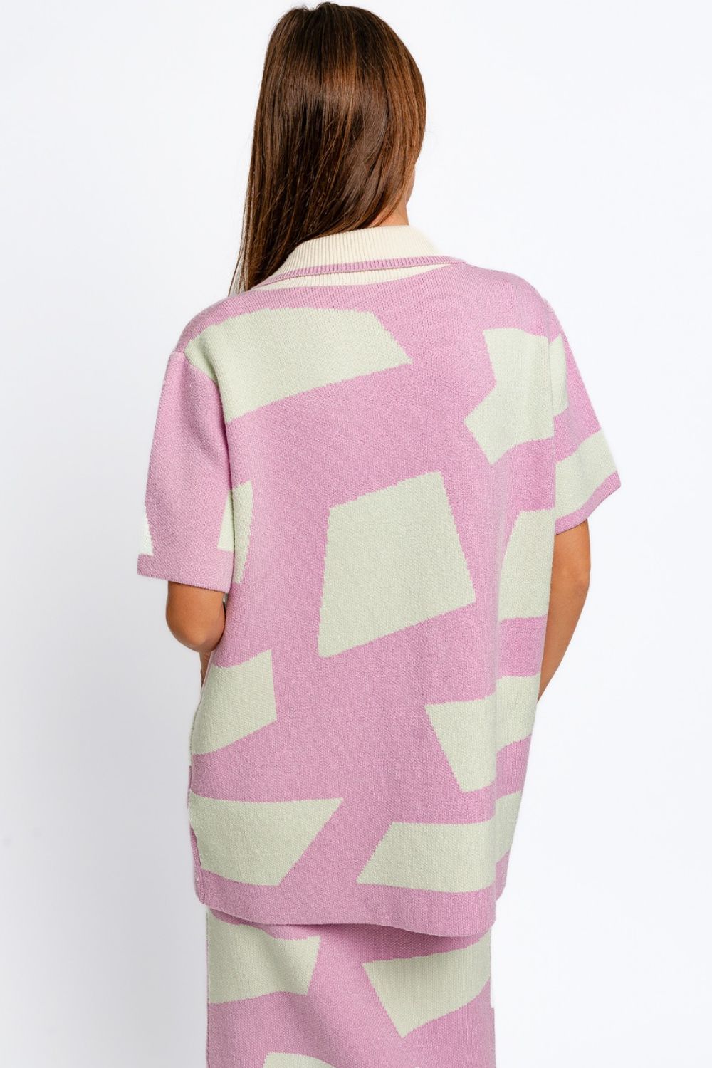 LE LIS Abstract Contrast Short Sleeve Collared Cardigan