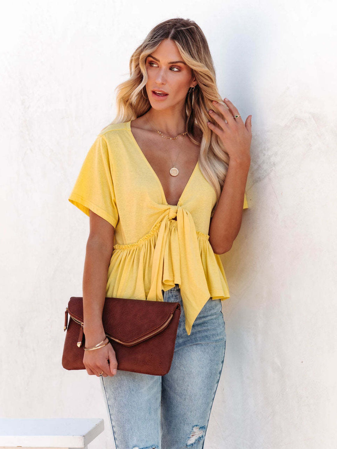 Tied Ruffle Hem V-Neck Short Sleeve Blouse