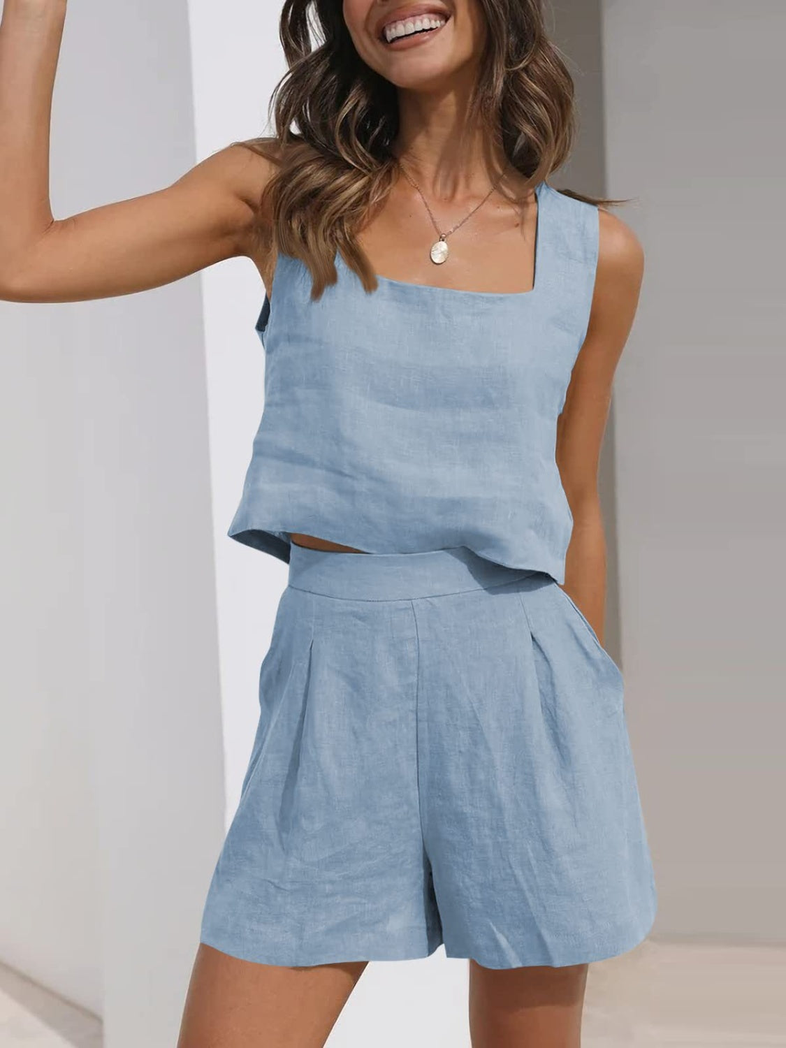 Square Neck Wide Strap Top and  Shorts Set