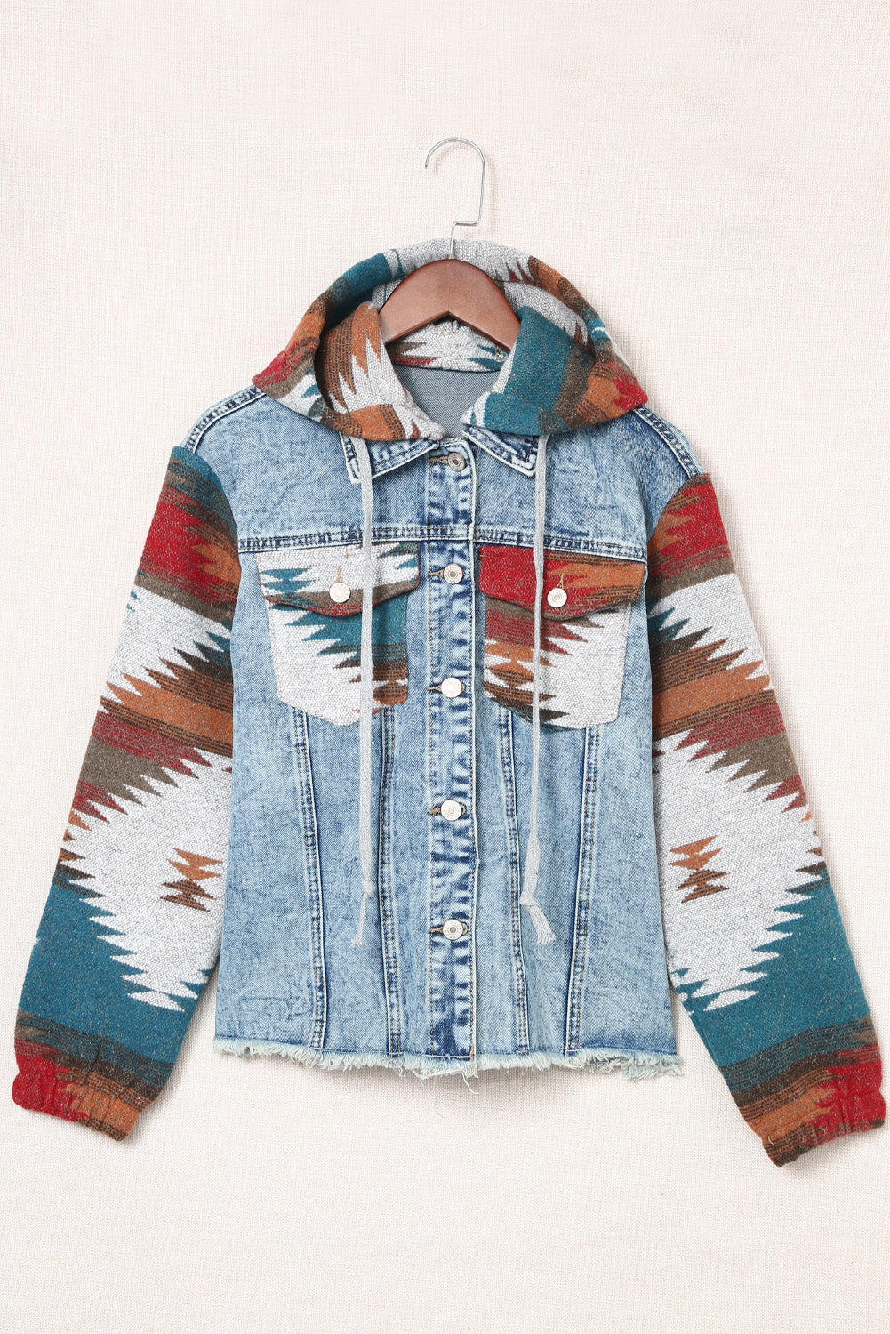 Drawstring Hooded Pocketed Denim Jacket