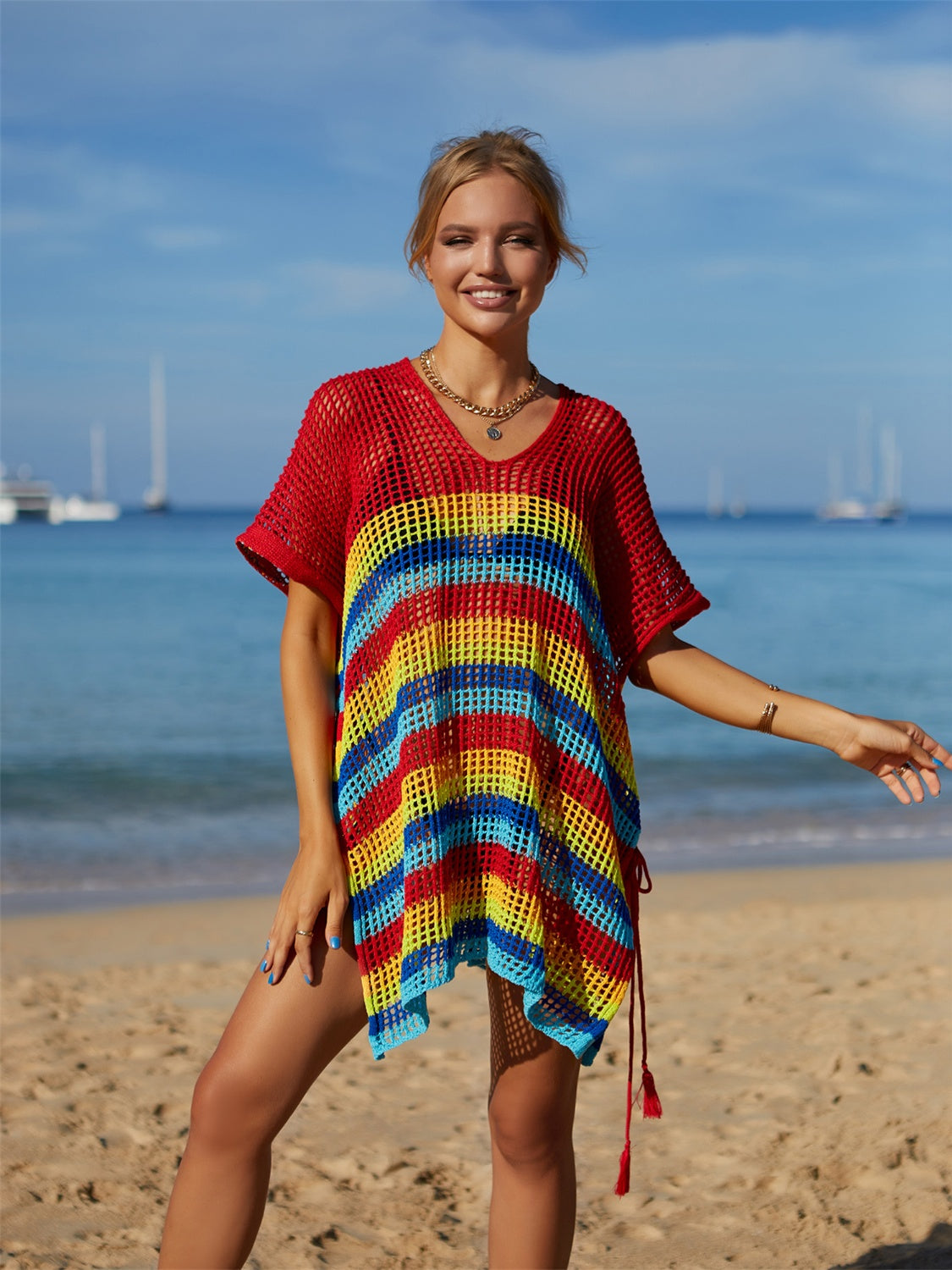 Cutout Striped Cover-Up with Tassel