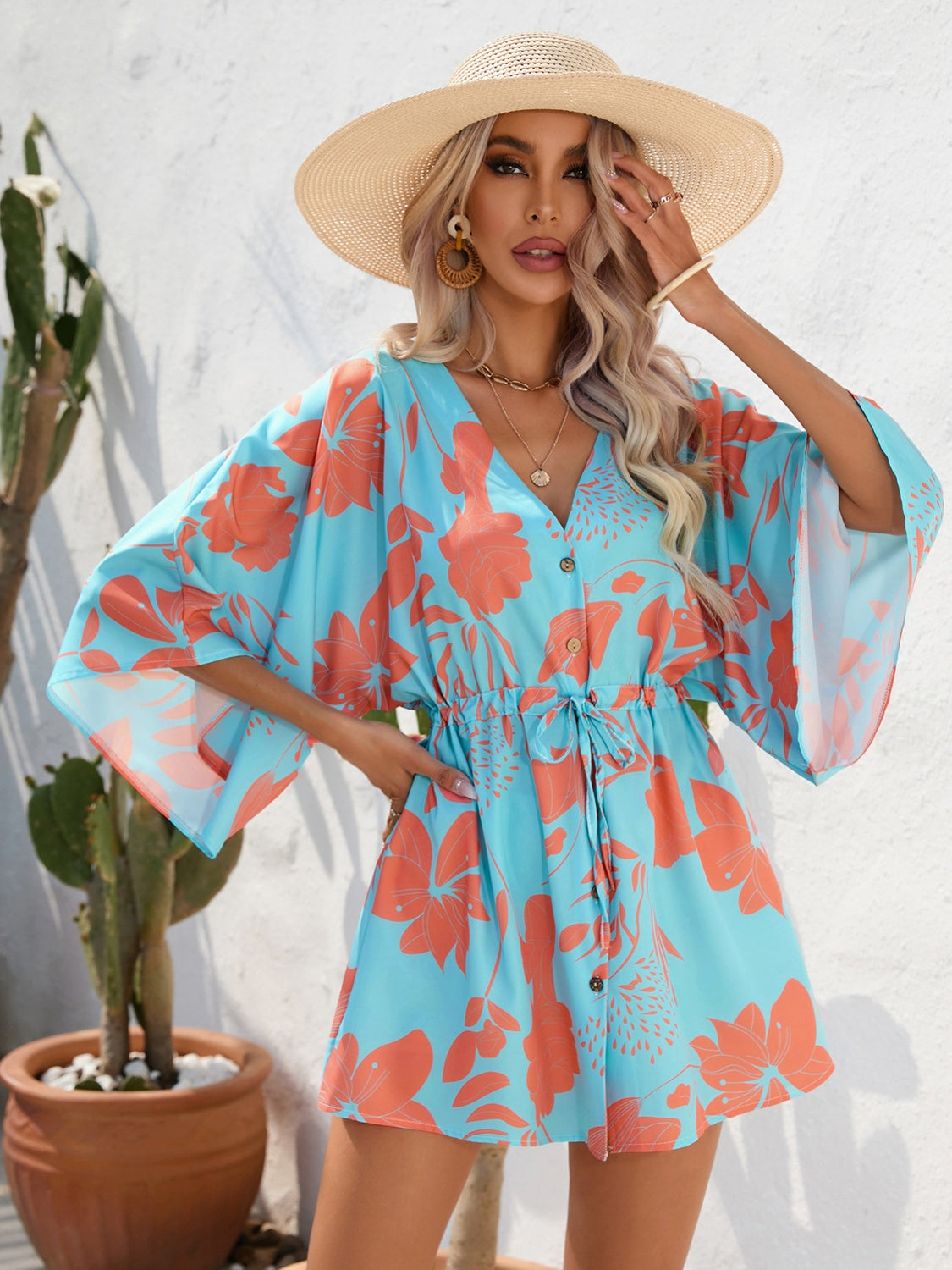 Tied Button Up Printed Three-Quarter Sleeve Dress