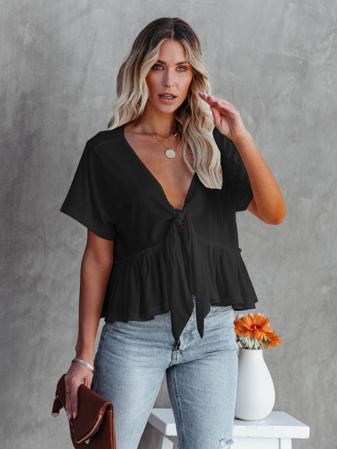 Tied Ruffle Hem V-Neck Short Sleeve Blouse