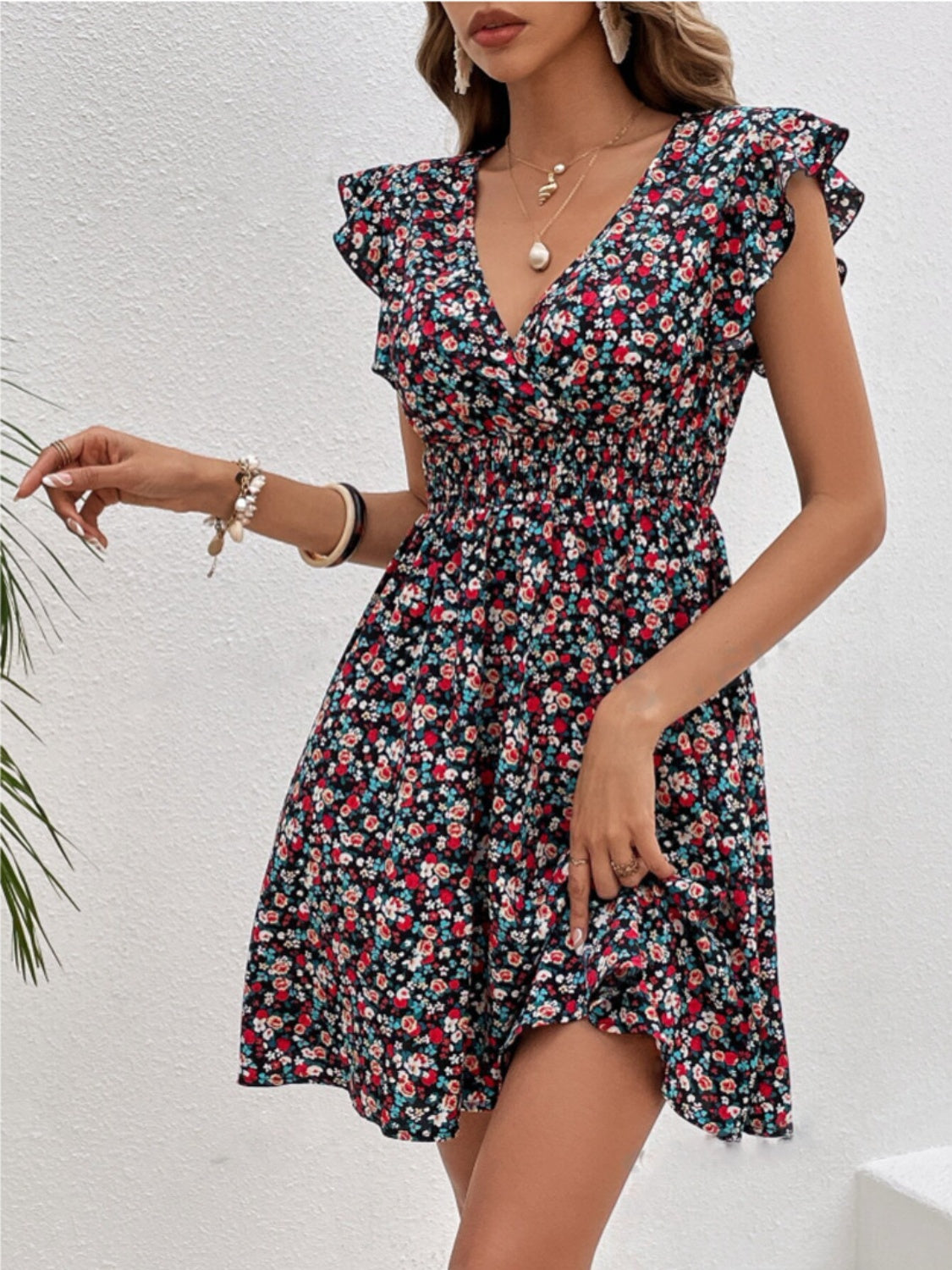 Ruffled Floral Surplice Cap Sleeve Dress