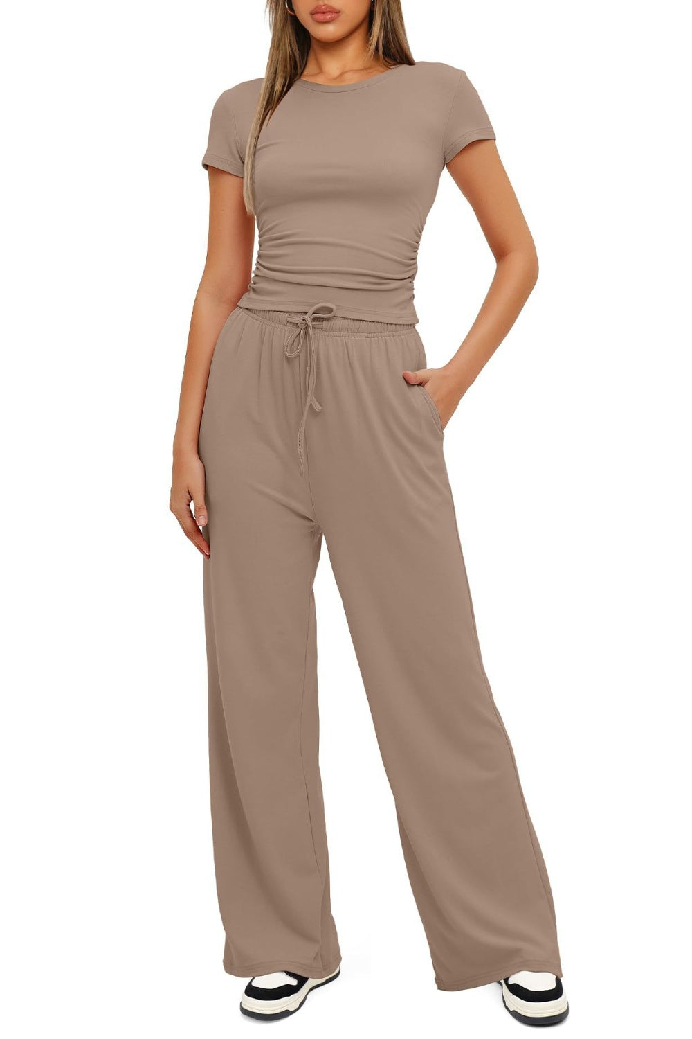 Round Neck Short Sleeve Top and Pants Set