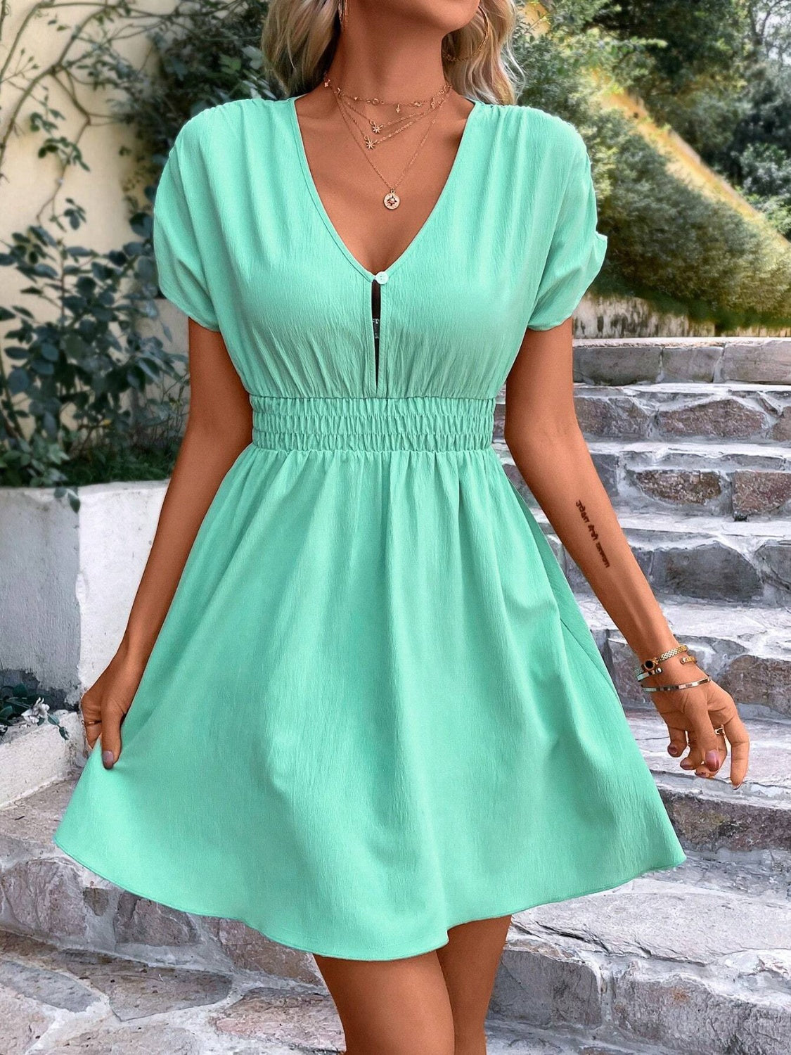 Smocked V-Neck Short Sleeve Dress