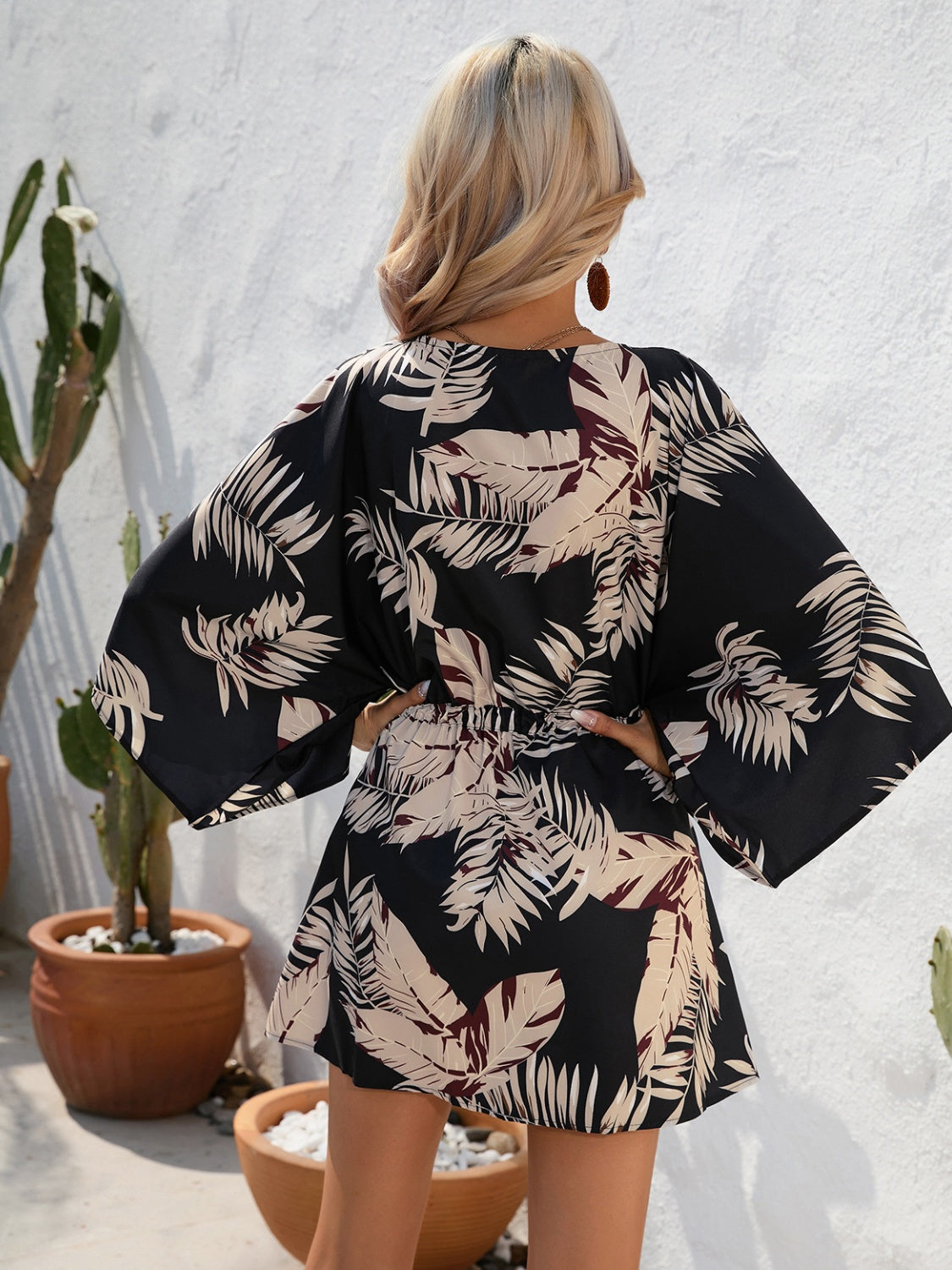 Tied Button Up Printed Three-Quarter Sleeve Dress