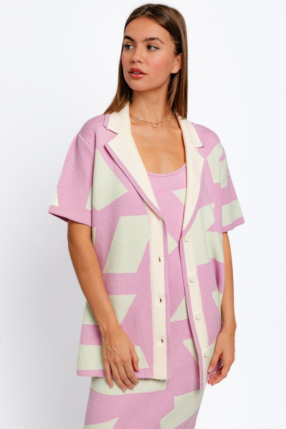 LE LIS Abstract Contrast Short Sleeve Collared Cardigan