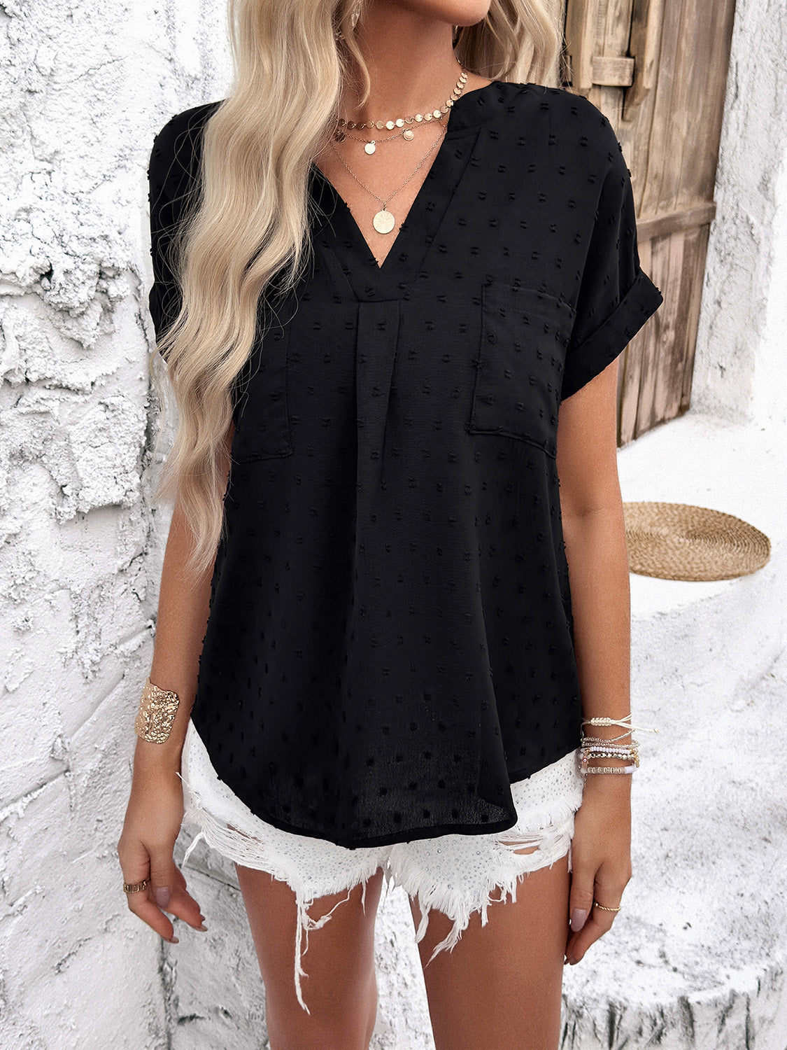 Swiss Dot Short Sleeve Blouse