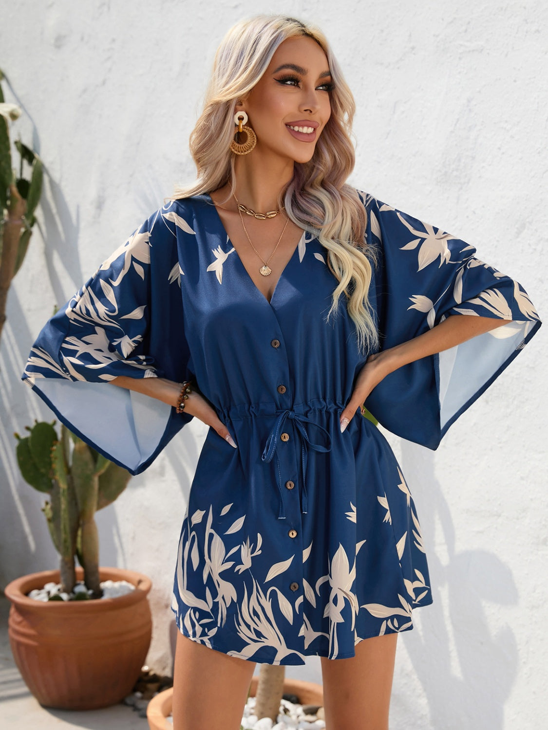 Tied Button Up Printed Three-Quarter Sleeve Dress