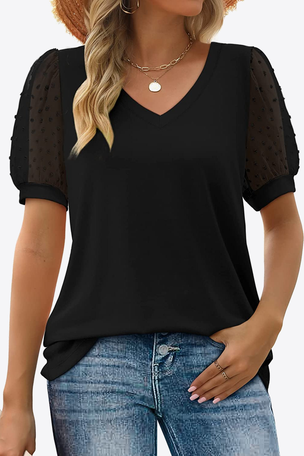 Swiss Dot Puff Sleeve V-Neck Tee