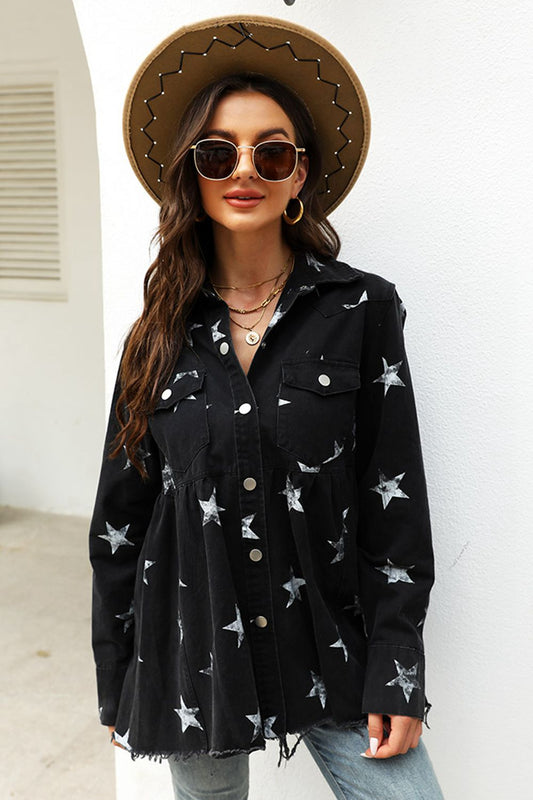 Collared Neck Star Print Long Sleeve Denim Jacket