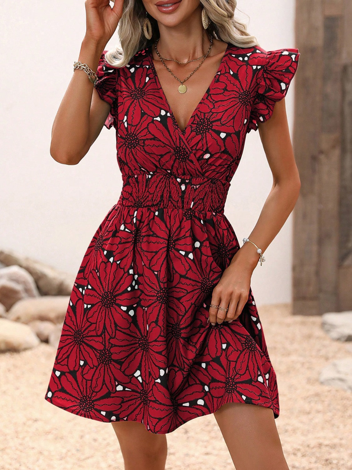 Ruffled Printed Cap Sleeve Mini Dress