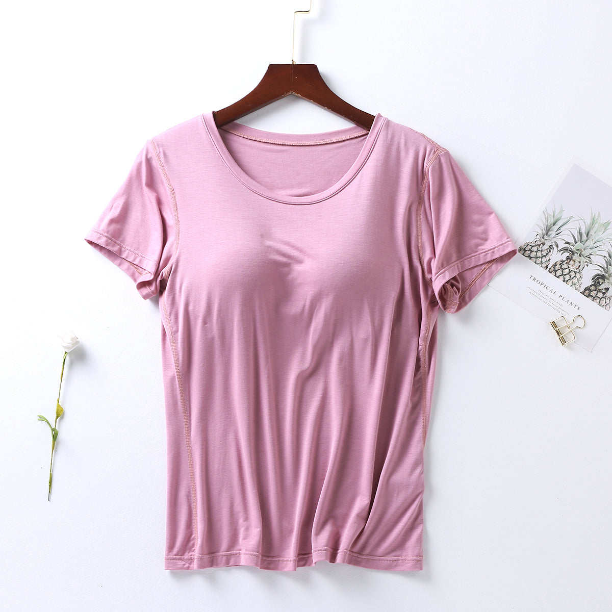 Plus Size Round Neck Short Sleeve T-Shirt with Bra