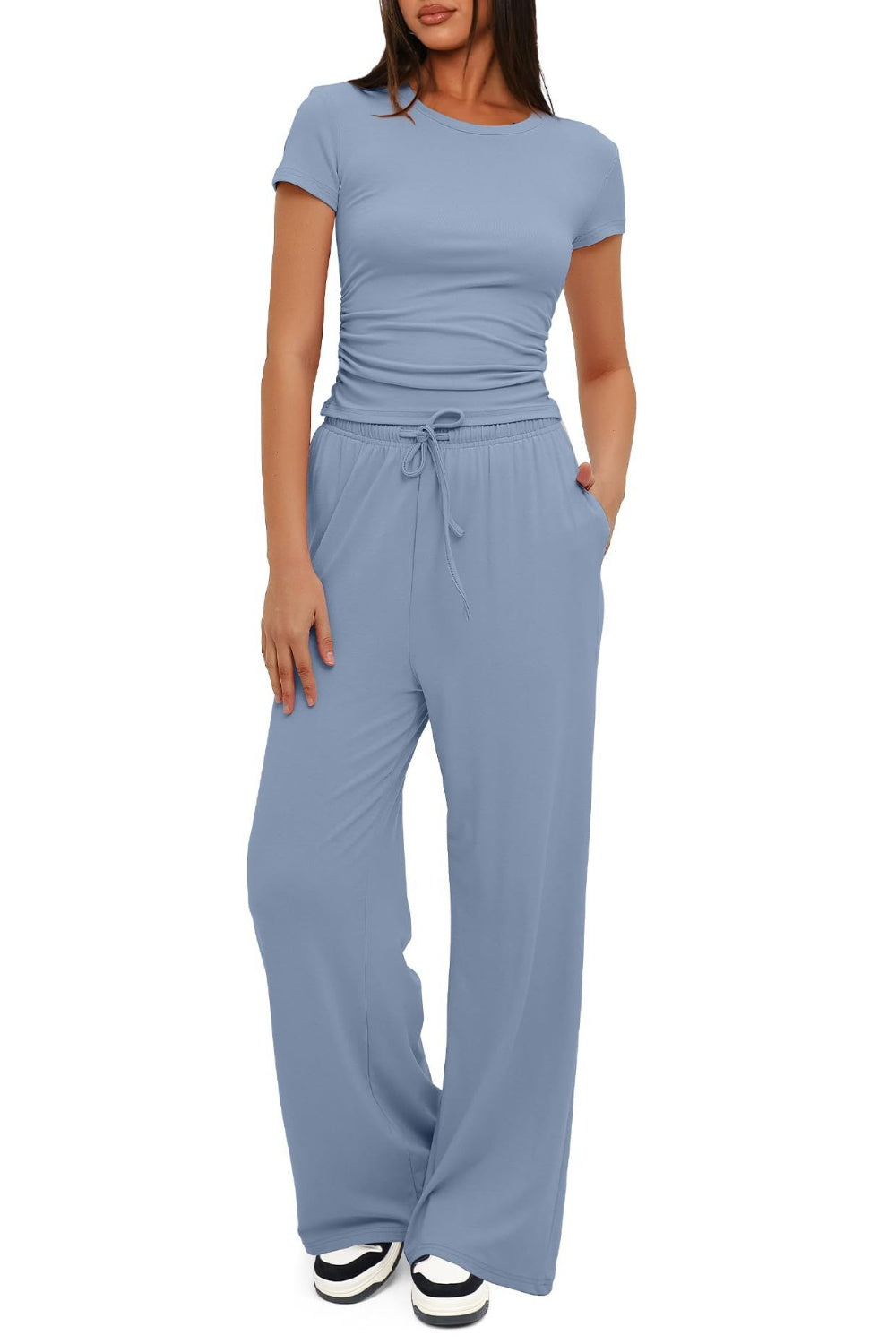 Round Neck Short Sleeve Top and Pants Set