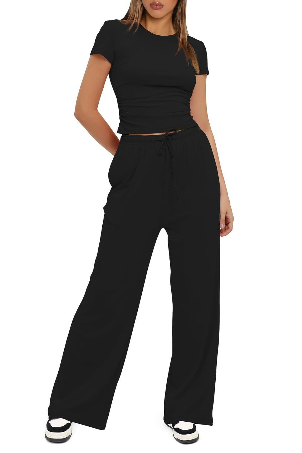 Round Neck Short Sleeve Top and Pants Set