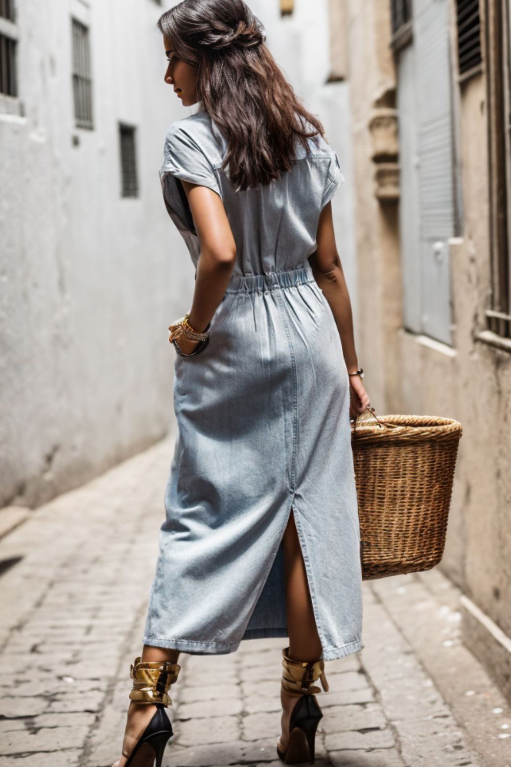 Slit Pocketed Half Button Denim Dress