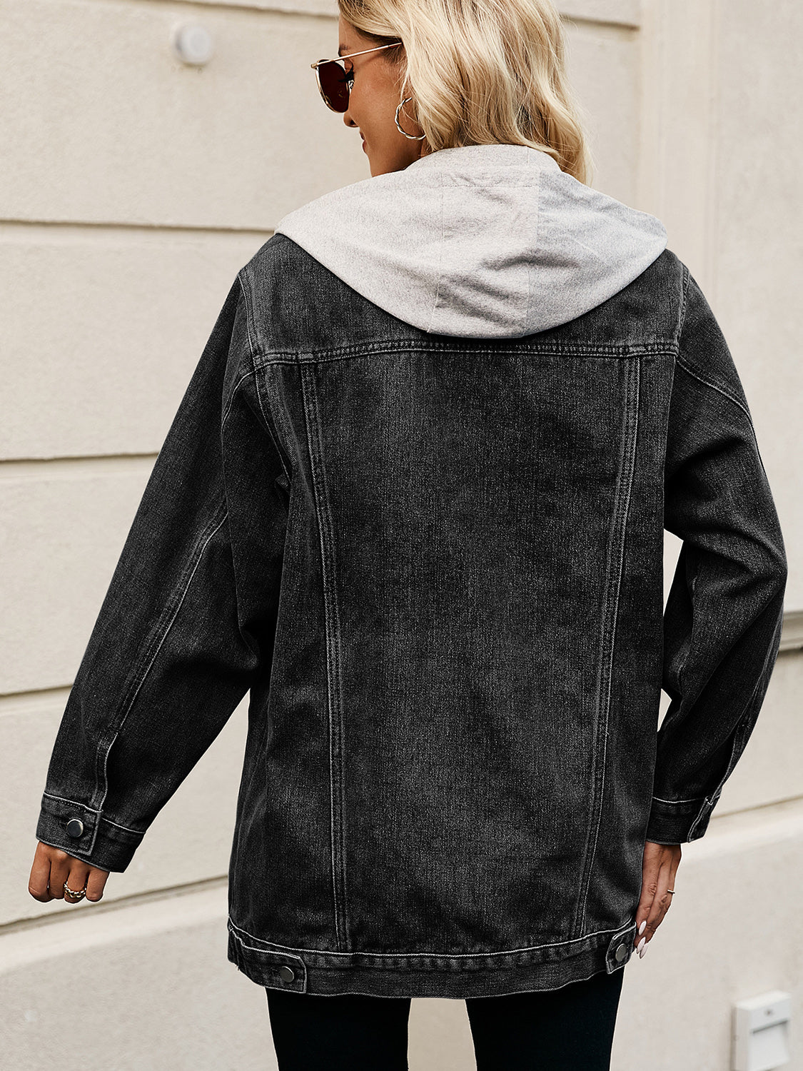 Drawstring Button Up Hooded Denim Jacket