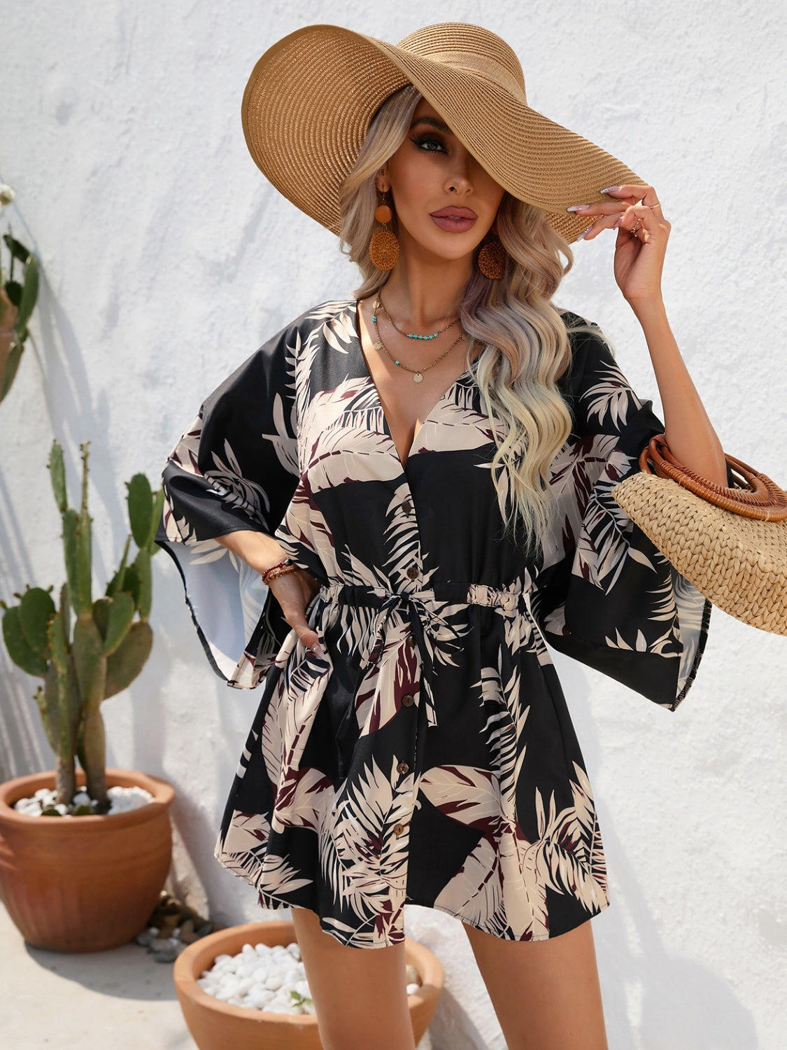 Tied Button Up Printed Three-Quarter Sleeve Dress