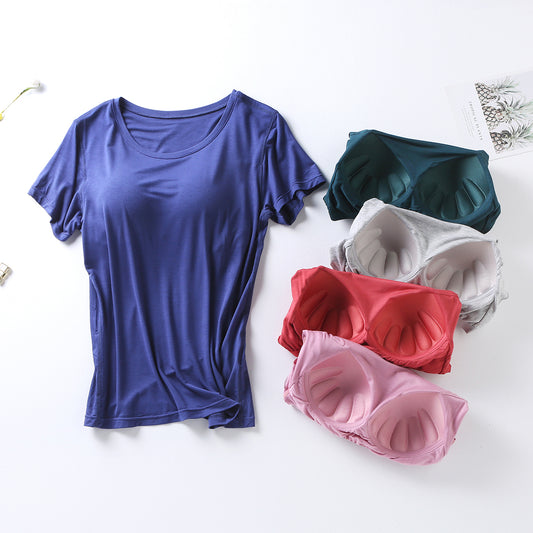 Plus Size Round Neck Short Sleeve T-Shirt with Bra