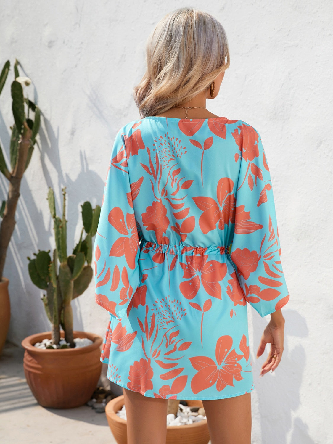 Tied Button Up Printed Three-Quarter Sleeve Dress