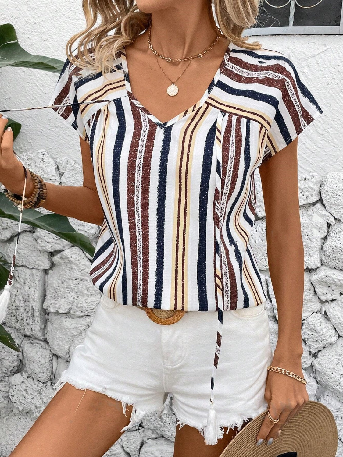 Striped V-Neck Short Sleeve Blouse