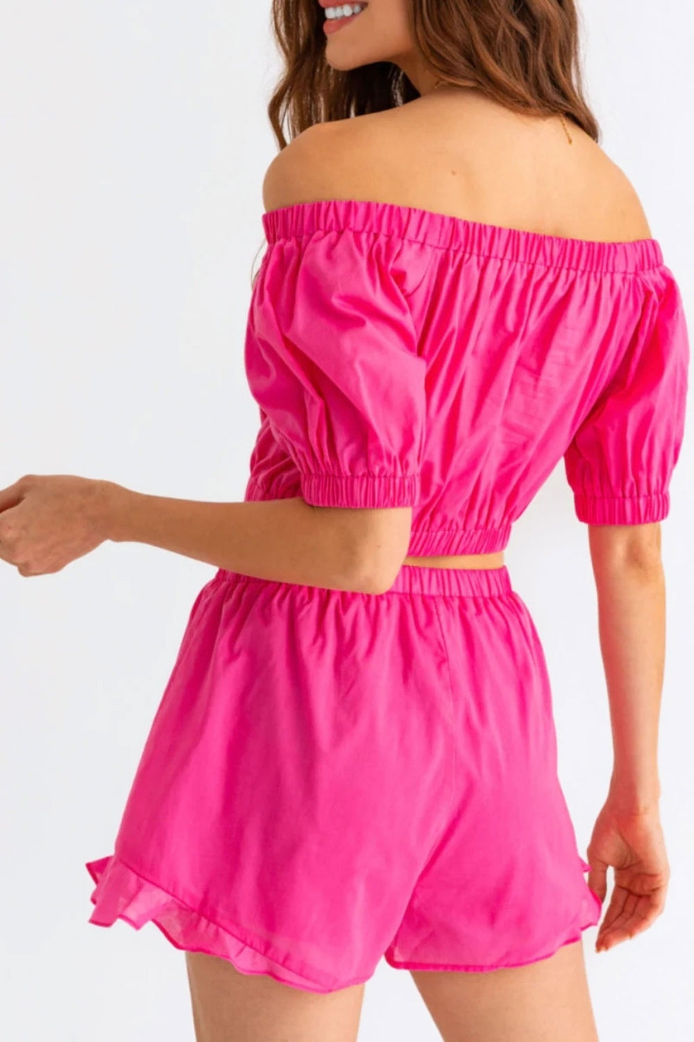 LE LIS Off Shoulder Crop Top and Ruffled Shorts Set