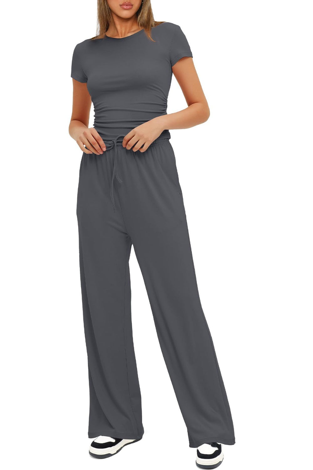 Round Neck Short Sleeve Top and Pants Set