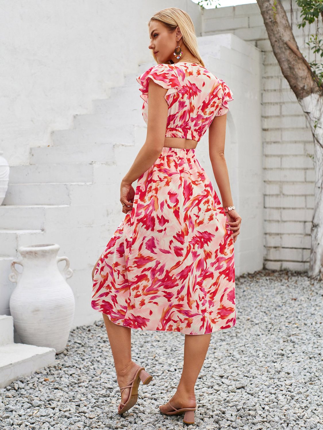 Cutout Slit Printed Cap Sleeve Dress