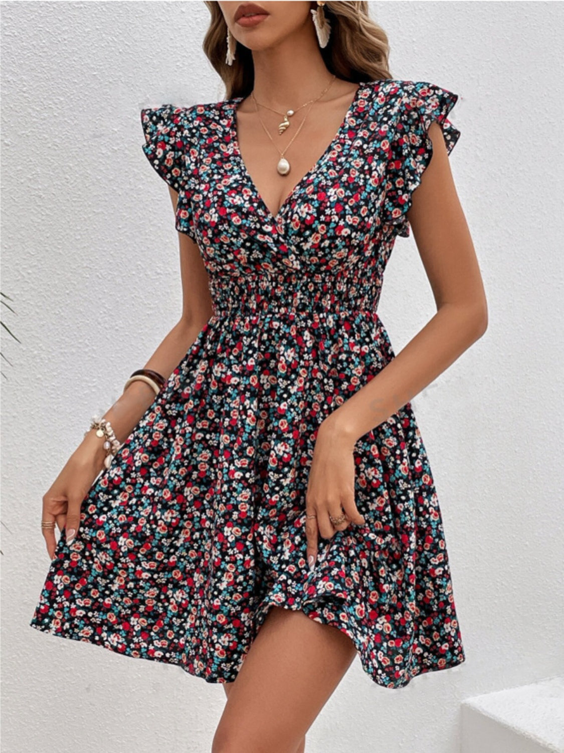 Ruffled Floral Surplice Cap Sleeve Dress