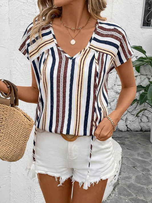 Striped V-Neck Short Sleeve Blouse