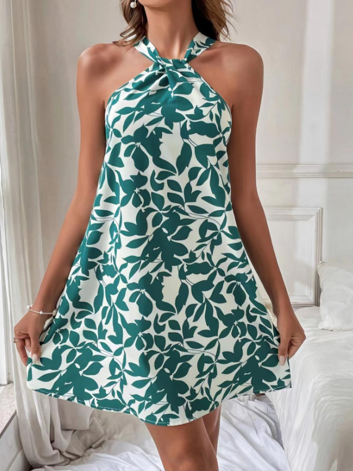 Printed Grecian Neck Mini Dress