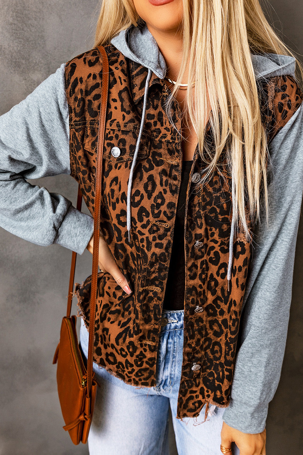 Leopard Distressed Drawstring Hooded Denim Jacket