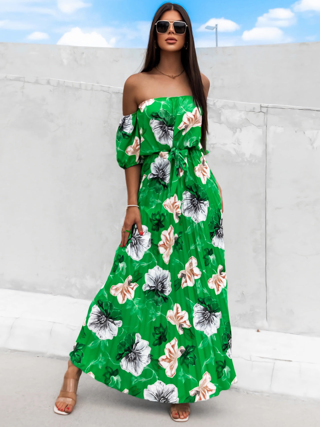 Pleated Floral Off-Shoulder Short Sleeve Midi Dress