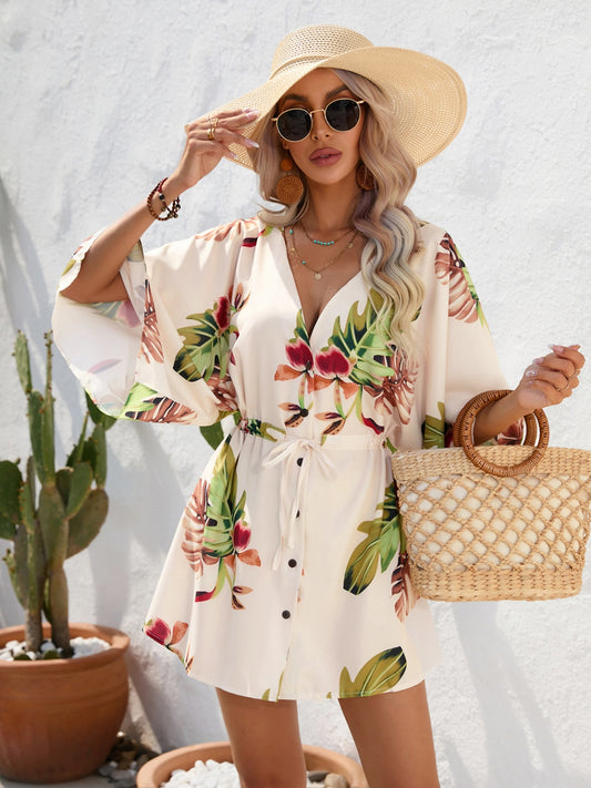 Tied Button Up Printed Three-Quarter Sleeve Dress