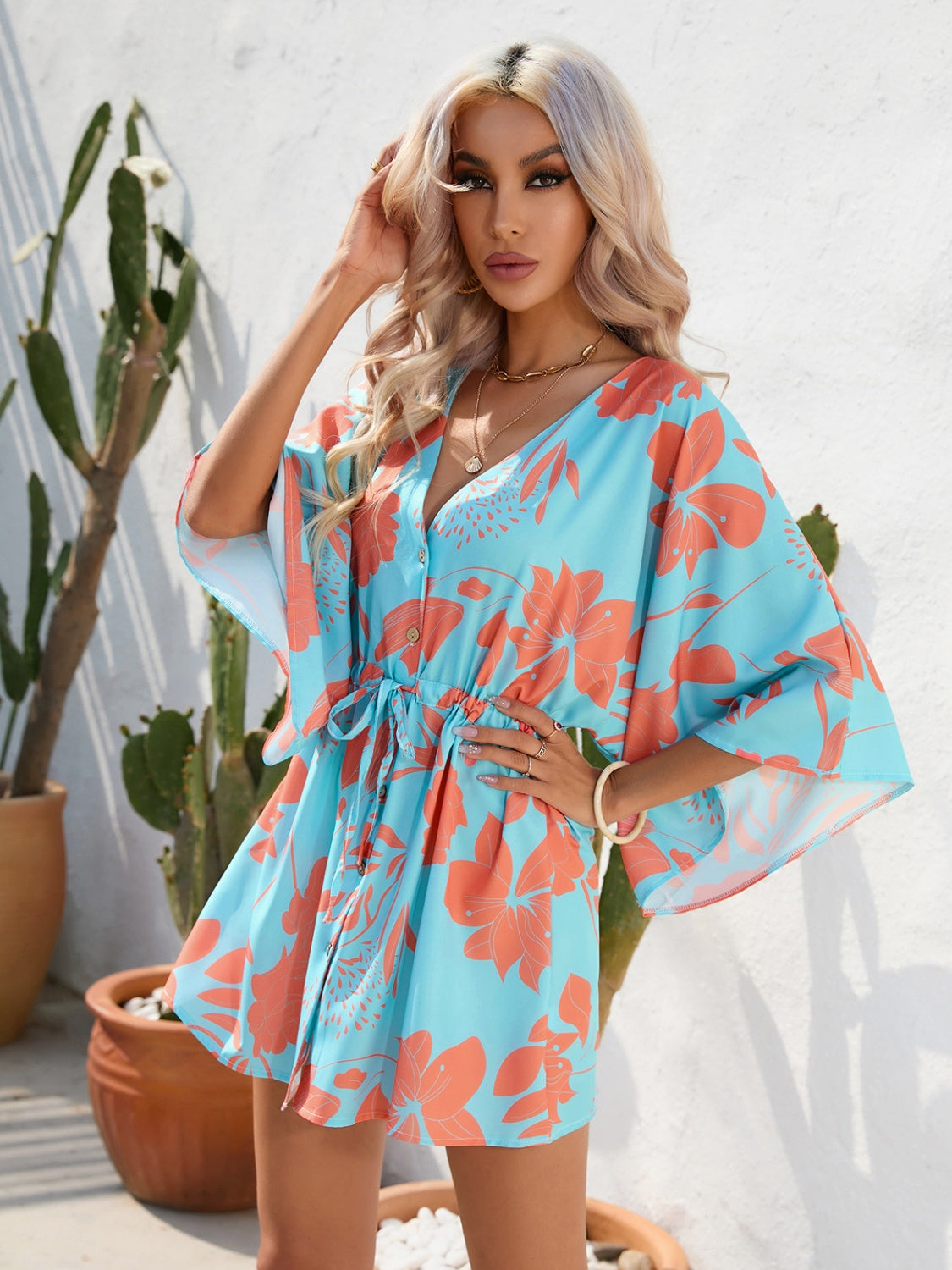 Tied Button Up Printed Three-Quarter Sleeve Dress