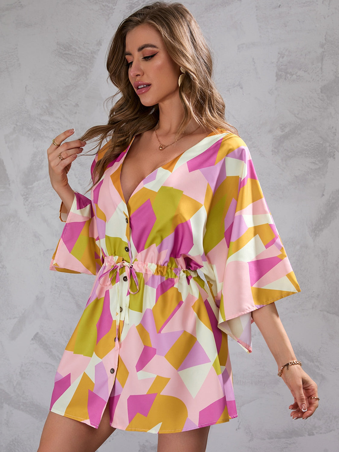 Tied Button Up Printed Three-Quarter Sleeve Dress