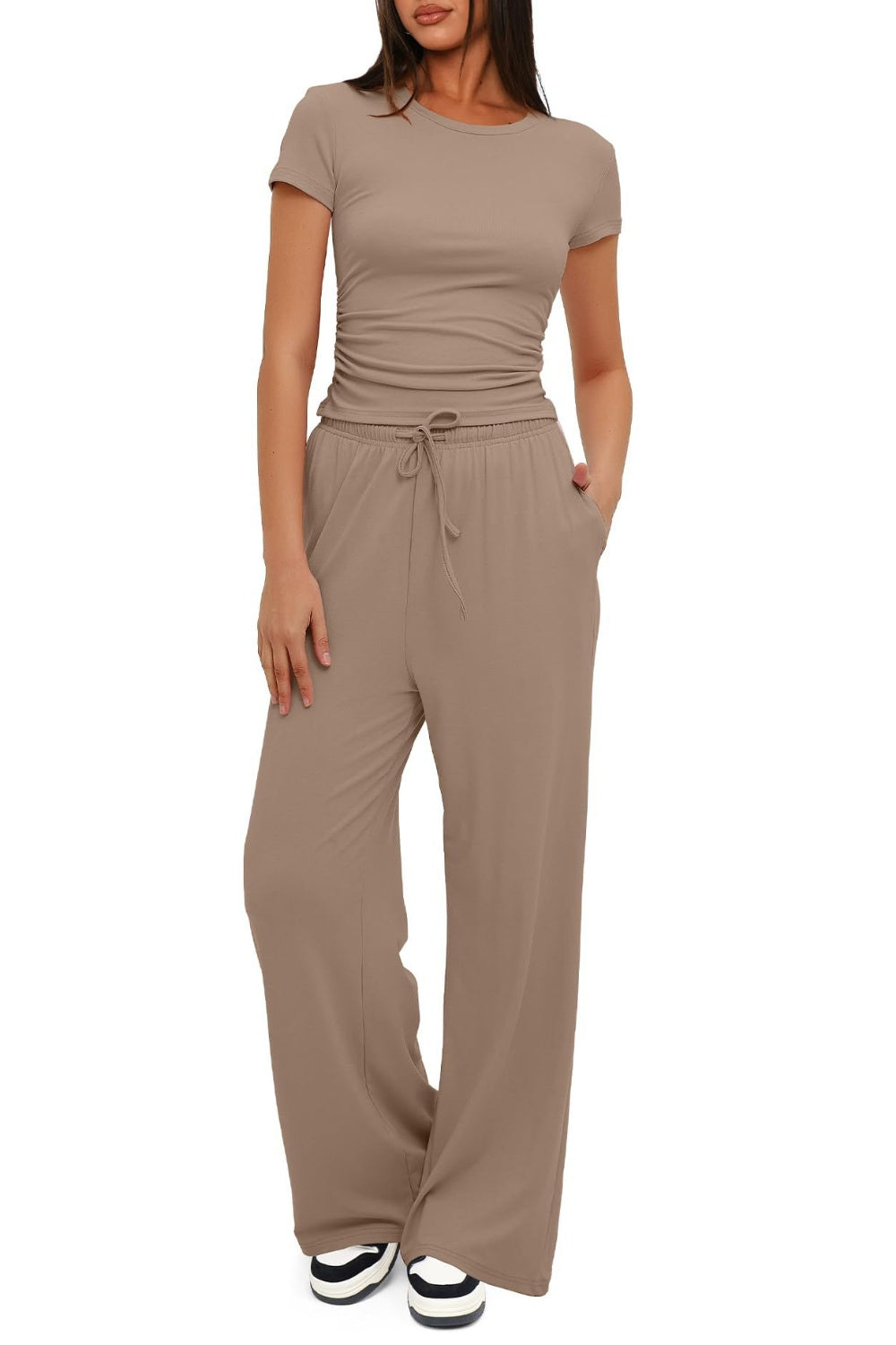 Round Neck Short Sleeve Top and Pants Set