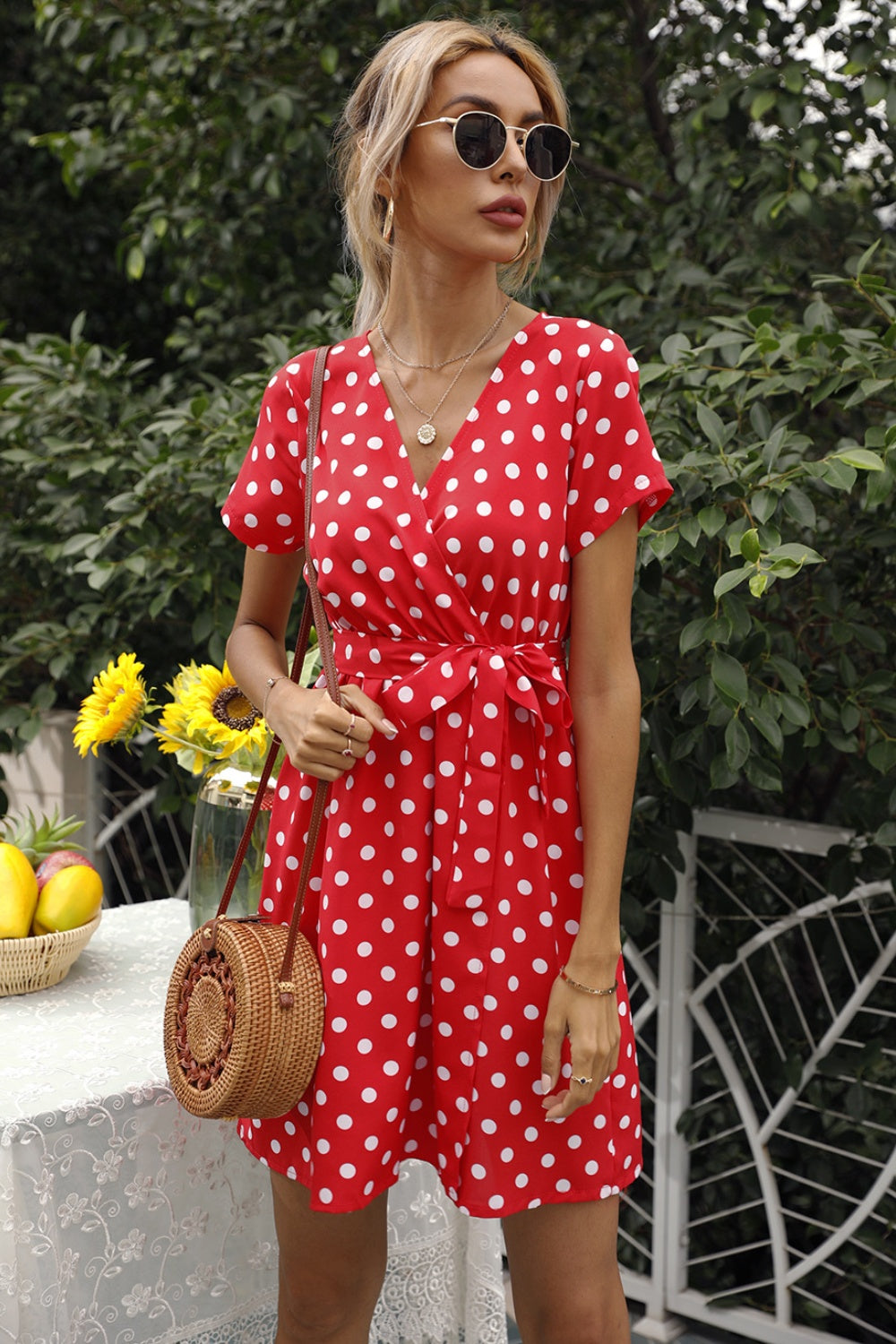 Tied Polka Dot Short Sleeve Mini Dress