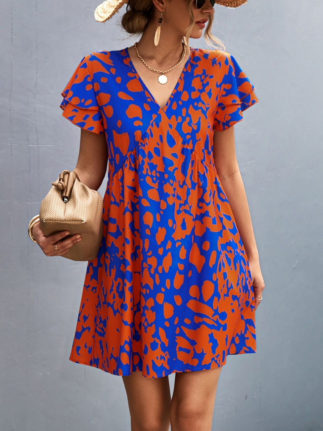 Ruffled Printed V-Neck Short Sleeve Mini Dress