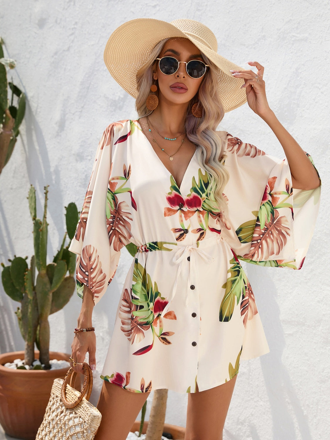 Tied Button Up Printed Three-Quarter Sleeve Dress