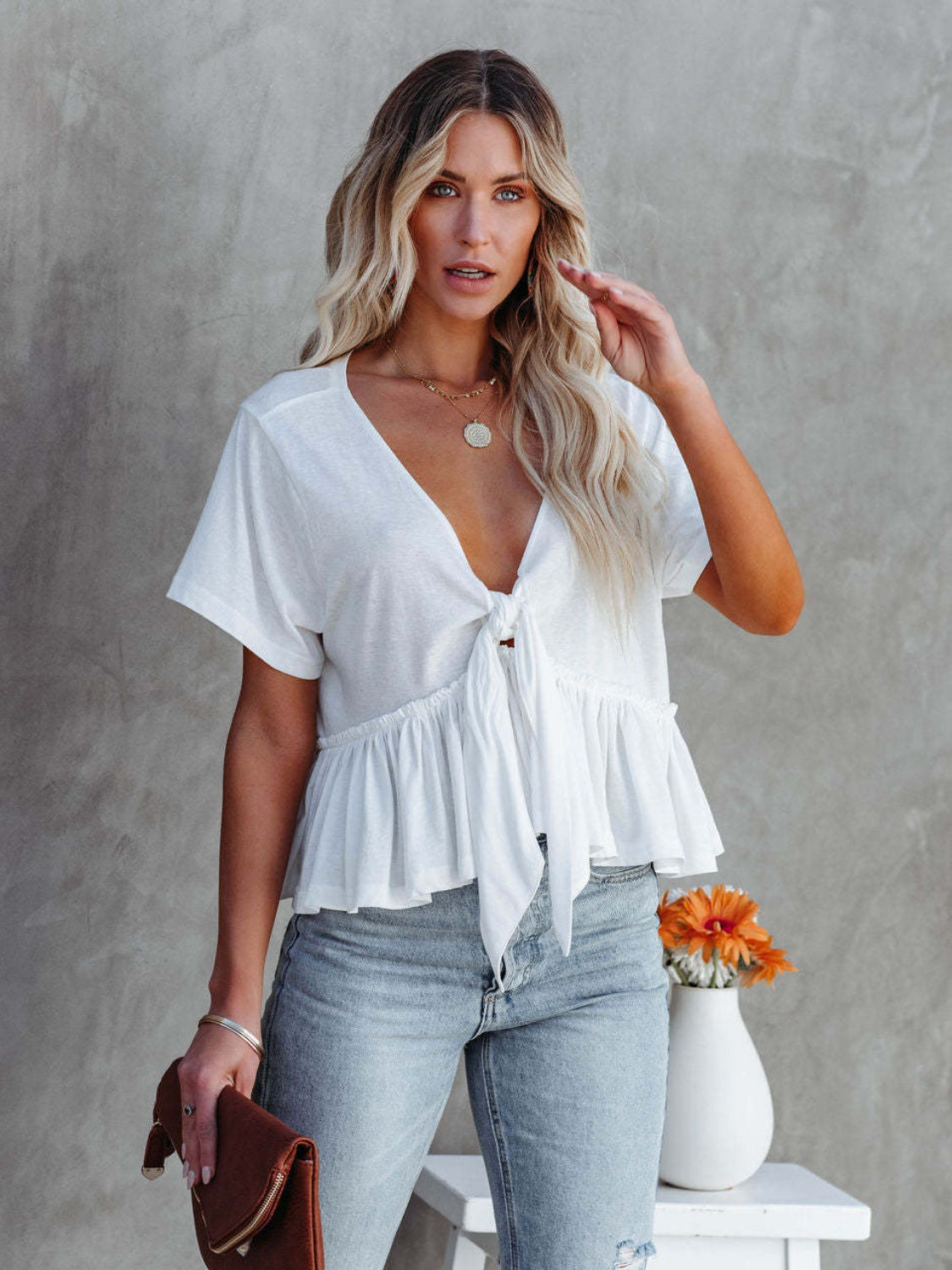 Tied Ruffle Hem V-Neck Short Sleeve Blouse