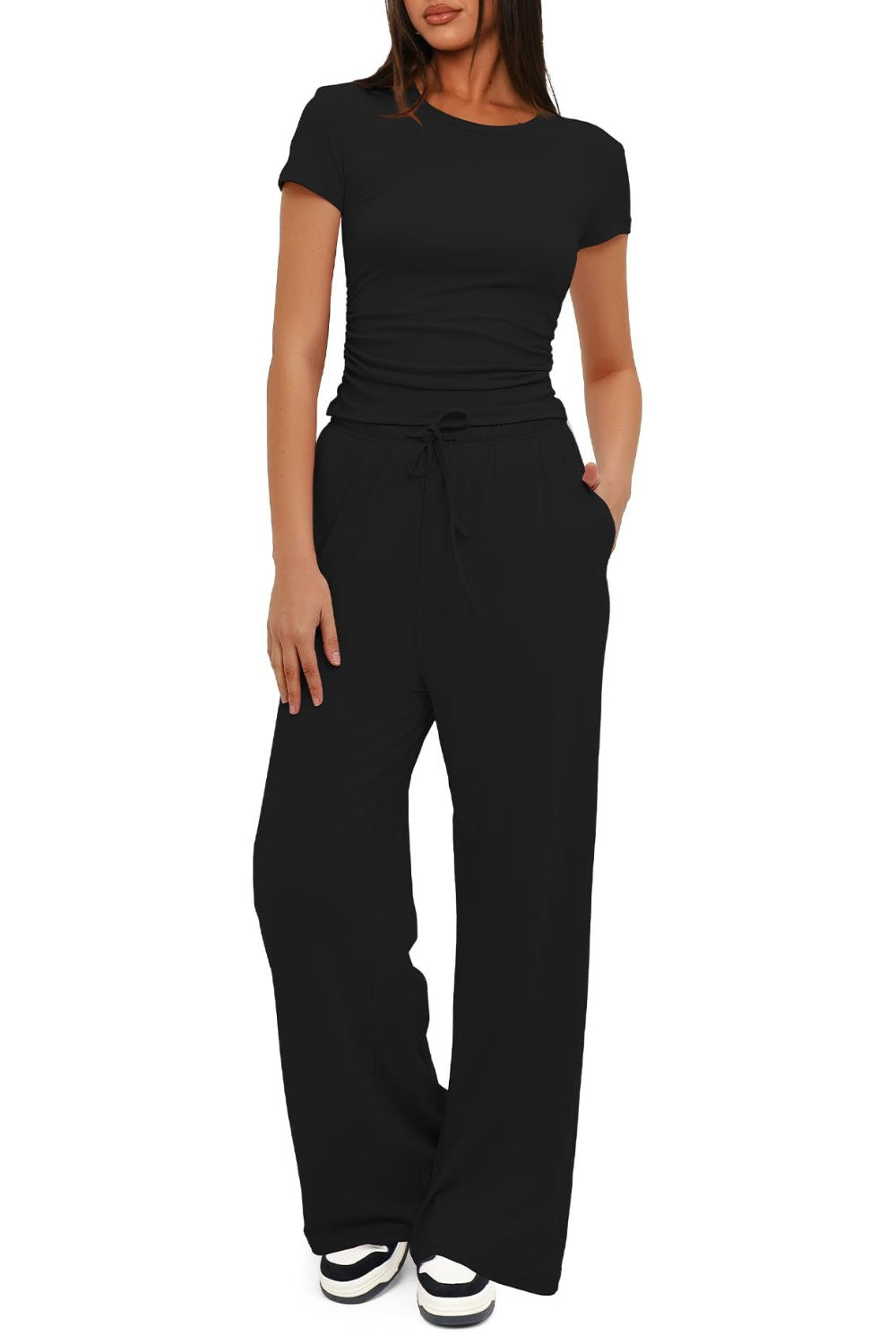 Round Neck Short Sleeve Top and Pants Set