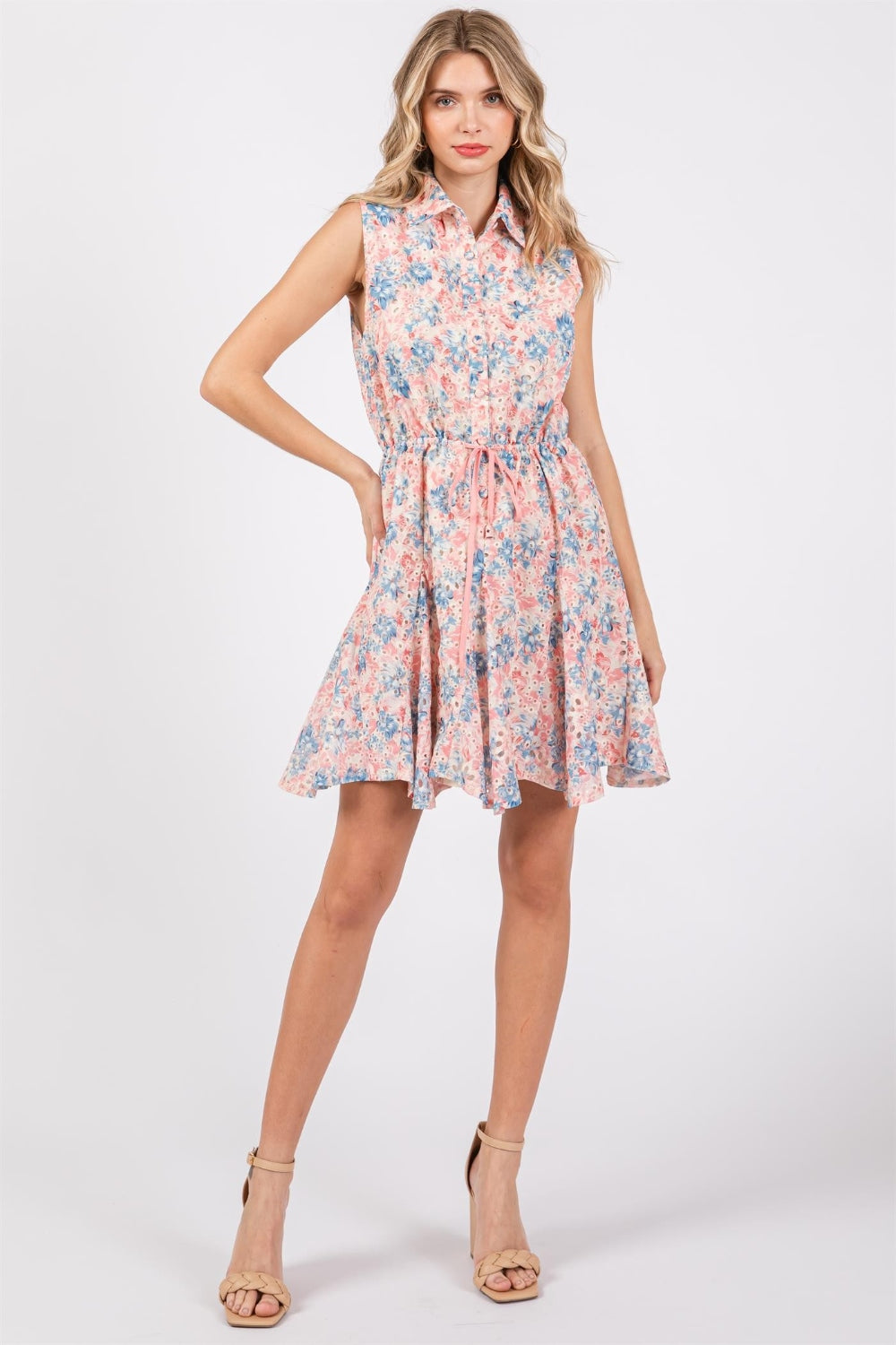 GeeGee Full Size Floral Eyelet Sleeveless Mini Dress