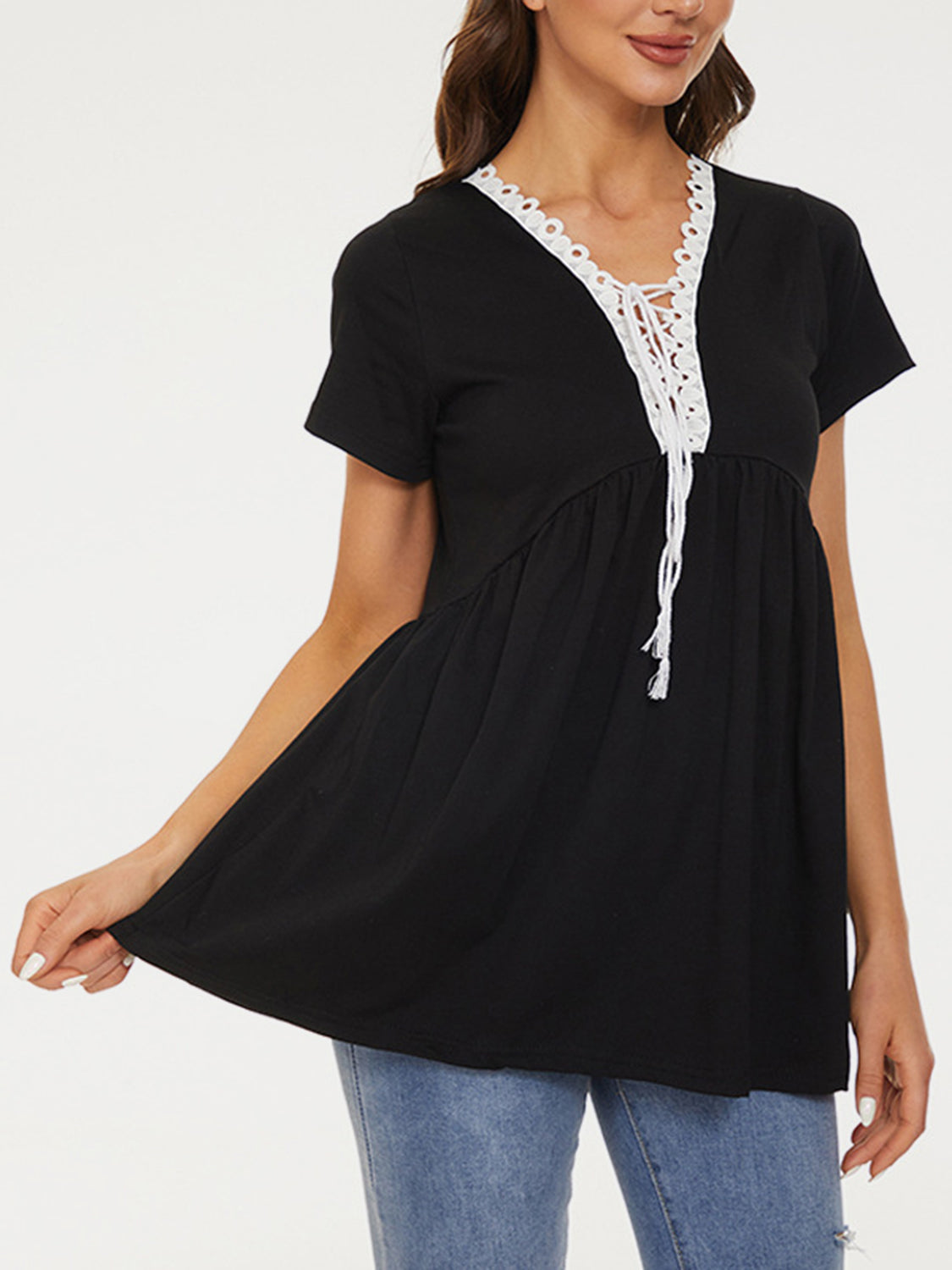 Lace Detail Tie Neck Short Sleeve T-Shirt