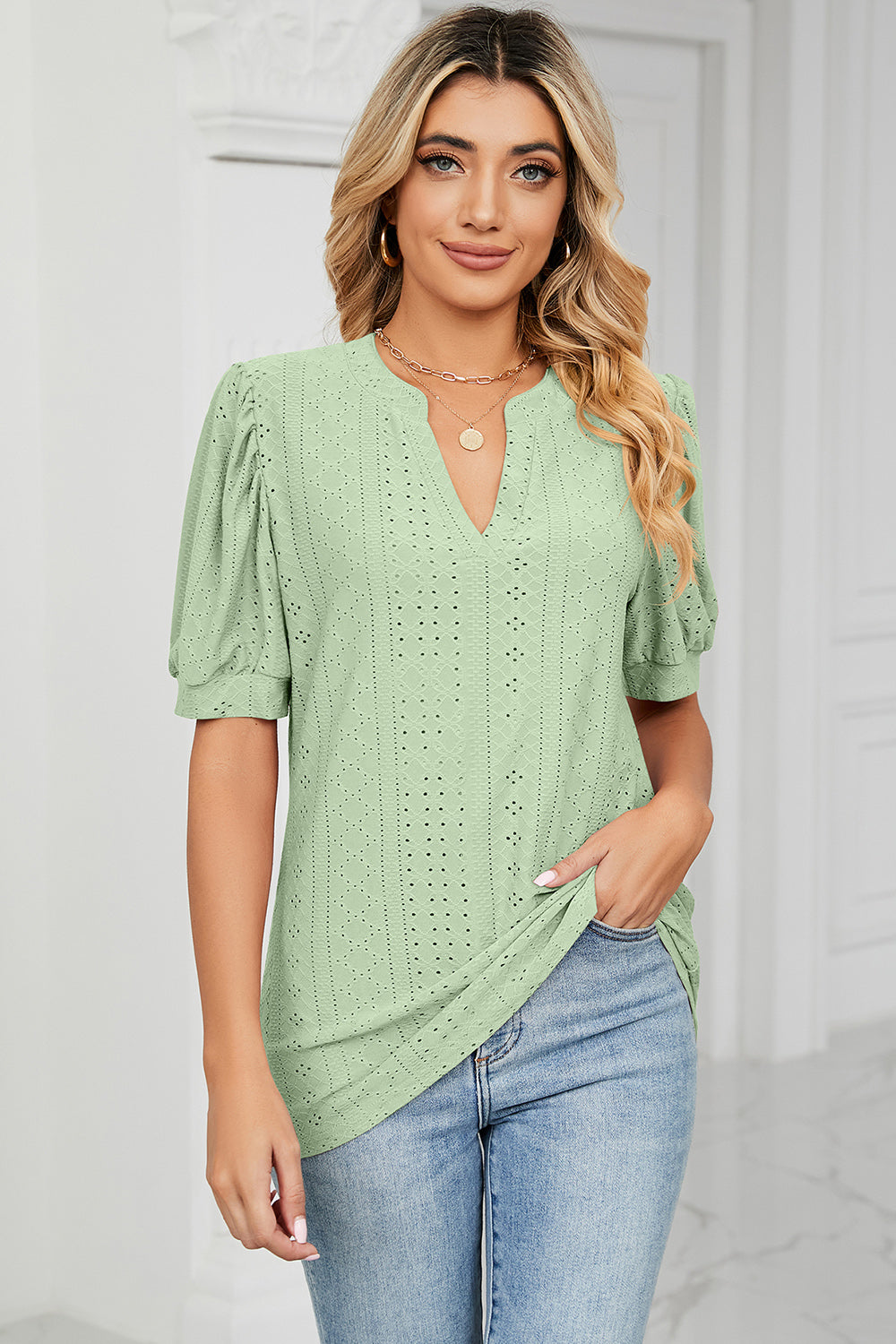 Eyelet Notched Short Sleeve T-Shirt