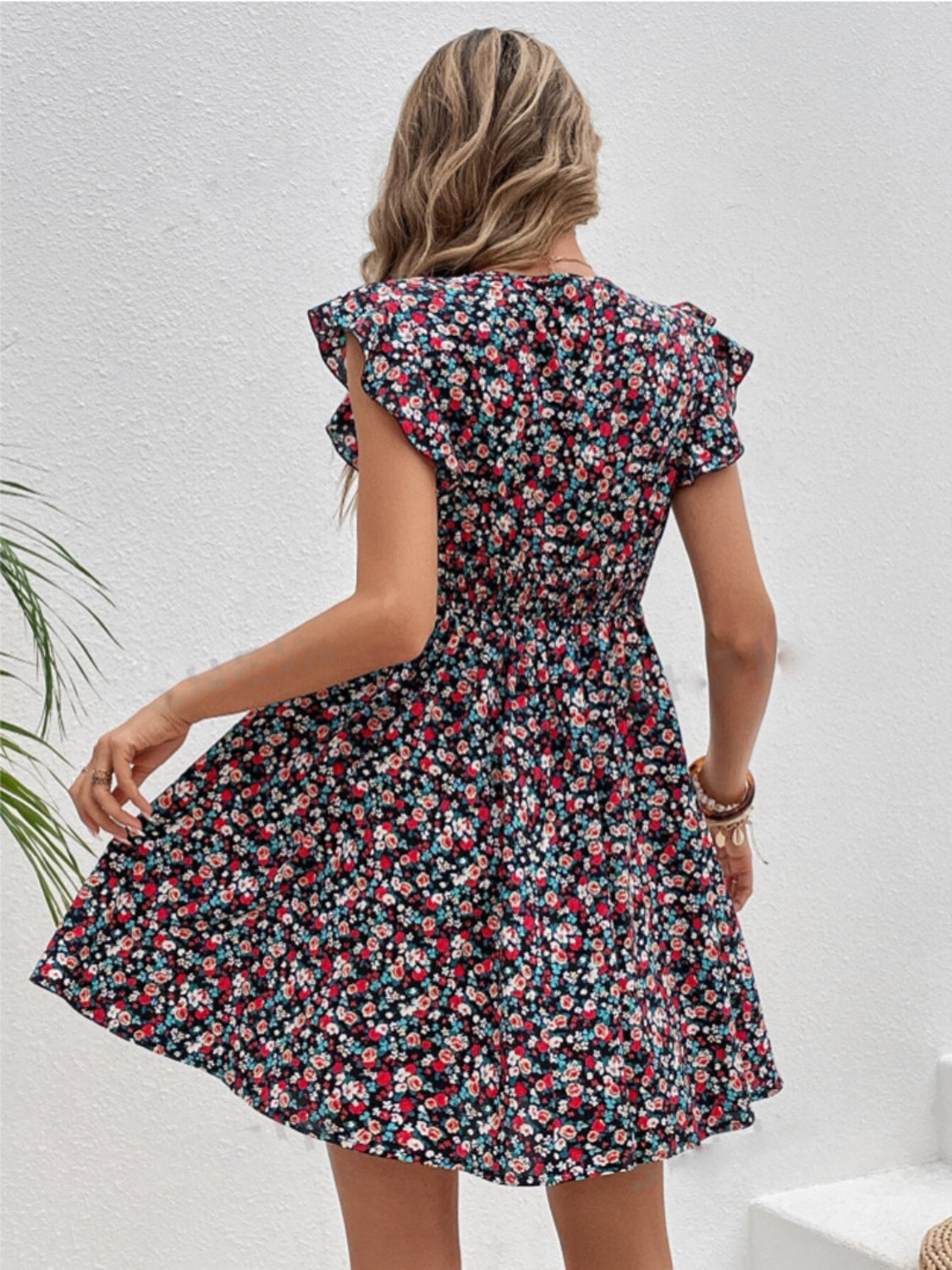 Ruffled Floral Surplice Cap Sleeve Dress